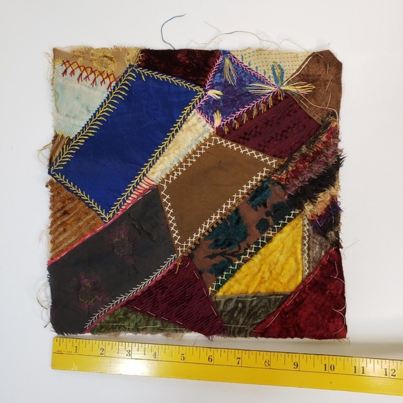 Antique Crazy Quilt 11" Square Block Flannel Backing Velvet Satin Embroidery - Picture 3 of 13